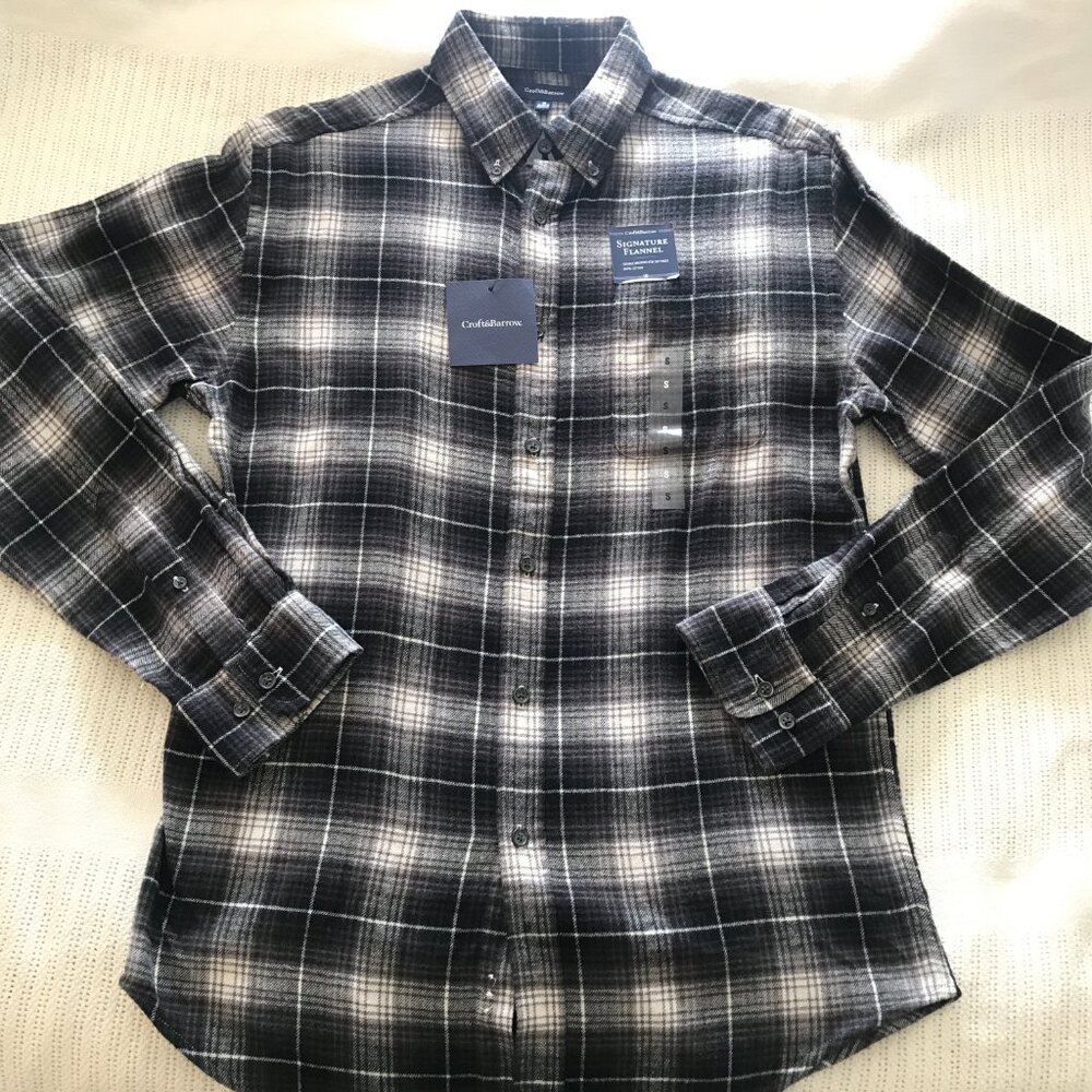NEW Black, Grey 100% Cotton Signature Double Brushed Plaid Flannel Mens Small
